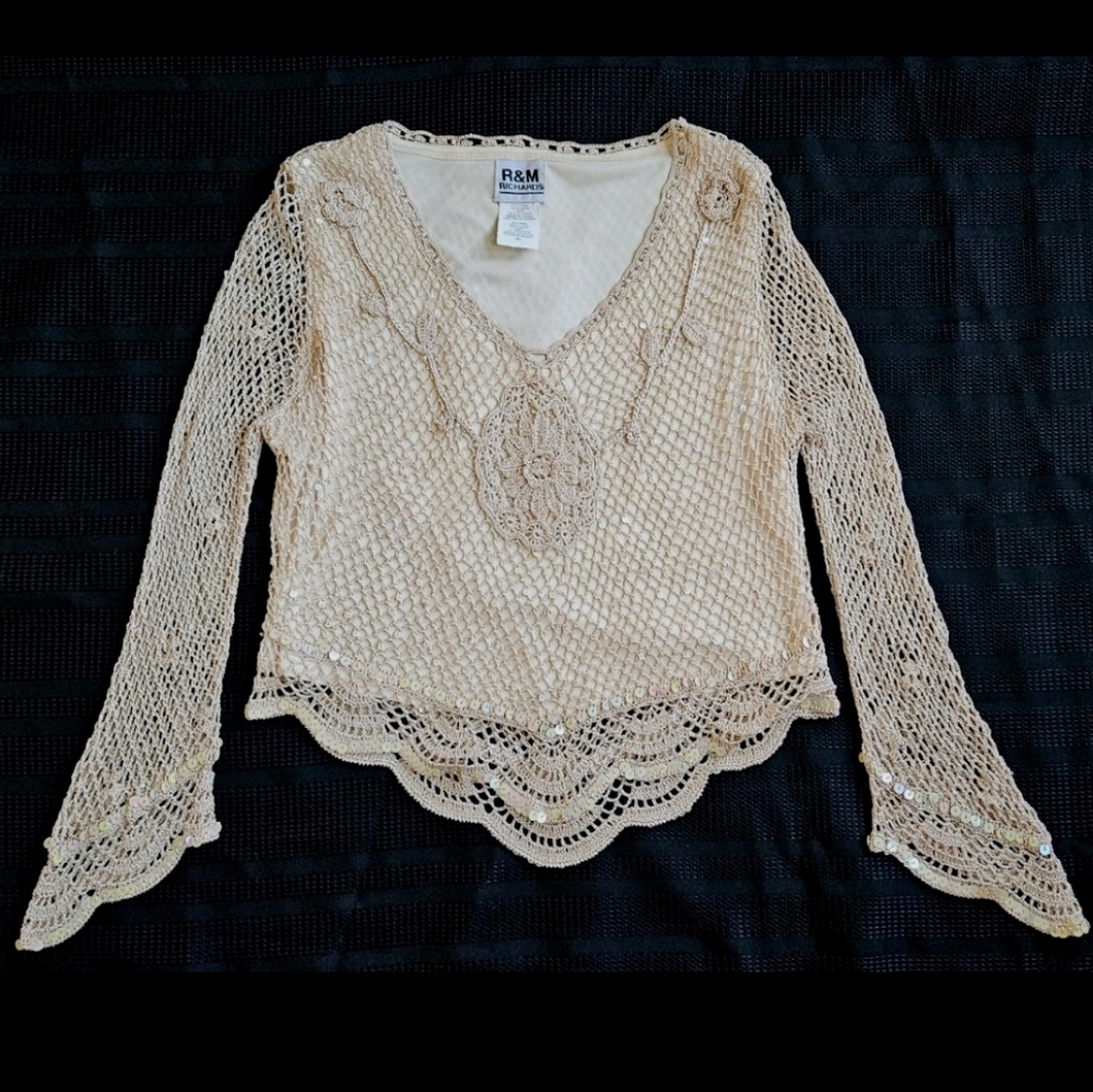 VTG Y2K Crochet Top Sequin Bell Sleeve Fairycore Festival Size XL